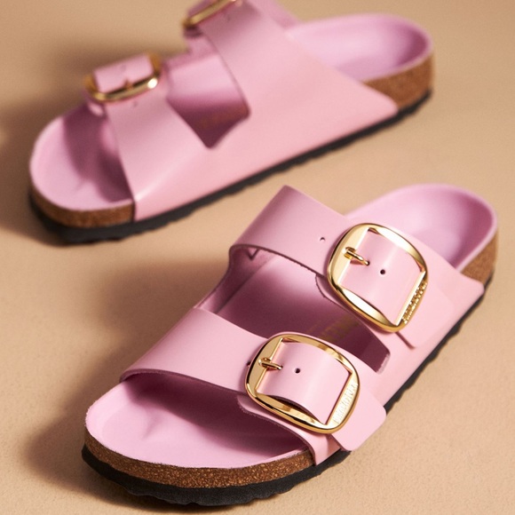 Birkenstock Shoes - Birkenstock Pink Double-Strap Sandals with Gold Buckles